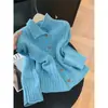 Nuevo Suéter Cardigan Estilo Perezoso Suave Holgado Temperamento Elegante Cardigan Chaqueta Tejido de Cable Cardigan de Cable Solapa Azul