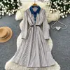 Vestido jeans patchwork estilo coreano color-block de manga longa para mulheres, com cintura ajustada, adequado para o trabalho, saia evasê elegante e estilosa, coleção outono 2026