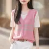 Camiseta Falsa de Dos Piezas de Manga Corta para Mujer, Holgada Casual, Lino de Bambú, Fresca, Transpirable, Delgada, Bloque de Color, Camiseta de Manga Corta