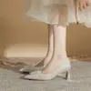 Zapatos de boda para mujer CH60-57 con tacón grueso, punta, lentejuelas, nuevos zapatos de una sola capa primavera y otoño 2024, zapatos de novia, tacones altos