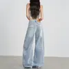 Jeans largo azul claro com corte curvo para mulheres, novo estilo verão 2026, cintura alta, modelagem solta, emagrecimento, calça de corte reto