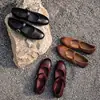 Sapatos Mary Jane de Couro Bovino de Primeira Camada para Mulheres, Novo Estilo Couro Genuíno, Bico Redondo Envelhecido, Fivela de Uma Linha, Sapatilhas de Cano Baixo para Mulheres