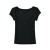 Camiseta de manga corta estilo americano para mujer, estilo sexy, con hombros descubiertos, cuello redondo grande, corte entallado, color liso, base elástica sencilla, verano 2024