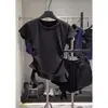 Camiseta chic estilo japonês gola redonda, barra irregular com babados, manga curta, top liso doce slim fit para mulheres no verão