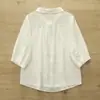 3670 Elegante y Juvenil Camisa de Gasa de Algodón con Bordado de Conejo y Botones de Colores, Manga Media, Nuevo Top Casual de Verano para Mujer