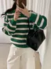 Suéter a rayas de bloques de color minimalista estilo japonés para mujer, otoño e invierno 2026, jersey casual Harajuku artístico, top de punto holgado