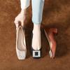 Fivela quadrada de strass, salto grosso, sapatos franceses de camada única, design feminino, senso de nicho, primavera e outono, salto alto profissional de veludo marrom, cabeça quadrada