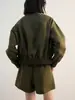 Jaqueta curta verde militar best-seller transfronteiriça europeia e americana para mulheres, com gola lapela, design de abotoamento simples, bolsos, cintura elástica e mangas compridas