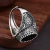 Anel folheado a prata com design de flor de zircônia preta, anel aberto ajustável vintage moderno, direto do fabricante