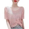 Blusa Feminina de Tricô Vazado Verão Nova Manga Curta Estilo Ocidental Emagrecimento Fino Cordão Cor Sólida Suéter Curto