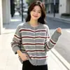 Cárdigan de Punto Rayas Bloque de Color Retro Cuello Redondo Manga Larga para Mujer, Cárdigan de Botones de Cuerno Otoño e Invierno, Abrigo Suéter Suave Casual