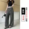 Calça feminina de verão versátil estilo retrô americano, cintura alta, perna larga, modelagem que afina, casual, xadrez reto, com cós franzido