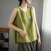 Camisola artística vintage de algodão e linho feminina, nova chegada de verão, tamanho grande, solta, sem mangas, cor sólida, base, top moderno para uso externo