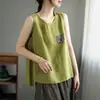 Tamanho grande Algodão Linho Nova Chegada Camisola Feminina Larga Solta Verão Combina com Tudo Sem Mangas Cor Sólida Retrô Blusa Base para Usar por Baixo/por Cima