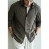 Camisa de manga larga retro italiana de mezcla de algodón y lino para hombre, nuevo estilo otoño 2026, textura natural, camisa casual de cuello vuelto