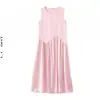 Vestido Rosa da Moda Estilo Coreano para Mulheres, Novo Vestido Regata Patchwork Elegante Juvenil Estilo Francês de Verão, Vestido Longo Rejuvenescedor