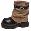 Botas Patchwork Femininas, Estilo Novo, Sola Grossa, Antiderrapante, Salto Bloco, Botas Enrugadas, Botas Curtas Versáteis para o Dia a Dia, Botas Curtas Femininas de Outono