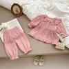 2025 Primavera Estilo Coreano Niñas Casual Más Fácil de Combinar Traje Manga Larga Cuello Redondo Bordado de Cerezas Color Sólido Lindo Ropa para Salir