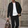 Conjunto casual masculino de cor sólida com bolso com zíper para uso transfronteiriço, jaqueta cardigã versátil de lapela com cordão e calça simples slim fit