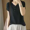2026 Verano Nuevo Algodón y Lino Cuello en V Tejido Manga Corta Mujer Camiseta de Algodón Puro Top, Estilo Coreano Holgado Adelgazante Camiseta Básica, Delgado
