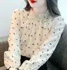 Nueva Blusa de Mujer Estilo Francés para Primavera y Otoño, Adelgazante, Estampado Floral, Cuello Alto Medio, Top Versátil de Manga Larga