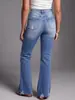 Calça Jeans Flare NY1025 de Cintura Alta Azul Rasgada com Barra Desfiada para Mulheres, Esticável, Lavada, Desgastada, Emagrecedora, Comprimento Total