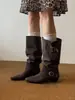 Nuevas botas de gamuza plisada de tacón grueso de moda 2026 para mujer con hebilla de cinturón, punta cuadrada, botas de caballero retro