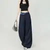 Pantalones de traje de verano finos azul marino de doble cintura con retazos a cuadros para mujer, versátiles, estilo americano, holgados, con caída, pierna ancha, casuales