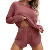 Conjunto de Pijama de Punto Waffle para Mujer Top de Manga Larga y Shorts a Juego Traje Casual Se Puede Usar Afuera Ropa de Casa