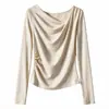 Camiseta de manga comprida estilo coreano para mulheres, cor rosa bebê, com gola de babados irregulares, top plissado slim fit para primavera e outono, camisa base elegante