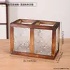 Porta-Canetas de Vidro Embossado Flor Begônia Retrô com Base de Madeira Sólida, Compartimento Duplo, Recipiente de Armazenamento para Papelaria e Diversos de Mesa de Escritório, Ornamento