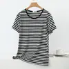 Camiseta de Manga Corta a Rayas de Bloques de Color de Modal para Mujer, Estilo Delgado de Verano, Top Pullover Casual Simple Holgado con Cuello Redondo para Mujer