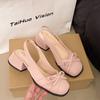 Zapatos de Mujer de Punta Francesa con Lazo 2025 Verano Nueva Llegada Falda Elegante Tacón Medio Zapatos de una Capa Tacón Grueso Zapatos de Tacón Alto