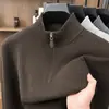 Suéter de Tricô com Gola Alta e Zíper, Cor Sólida, Mistura de Lã, Estilo Old Money para Homens, Camisa Básica Casual Solta para Outono e Inverno