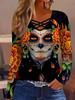 Amazon Cross-Border 2025 Outono e Inverno Novas Exportações Europeias e Americanas Estampadas Manga Longa Halloween Camiseta Engraçada Tops para Mulheres