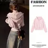 Jaqueta Moletom Curta Rosa para Mulheres, Novo Estilo Primavera e Outono, Roupa de Baixo Estilo Coreano, Cardigã com Capuz de Manga Regular, Ajuste Slim