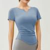 Roupas de Yoga Novo Estilo 2023 com Bojos para Mulheres, Camisetas de Manga Curta, Tops Esportivos Justos Nude com Decote em V, Roupas de Corrida e Fitness