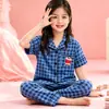 Pijama Infantil para Meninas e Meninos de Primavera e Outono, Manga Curta e Calça Longa, Roupa de Casa com Desenhos Animados para Crianças Maiores