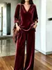 Colección de otoño/invierno 2026 europea y americana transfronteriza: Elegante conjunto de otoño estilo coreano para mujer, con un top de cuello en V y pantalones de pierna ancha, un conjunto de dos piezas