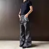 Calça Jeans Original Colorida Outono 2025 Masculina Americana Cleanfit Retro Patchwork Jacquard Desconstruída Solta Wide-Leg Longa