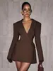 Otoño 2025 Nuevo de Manga Larga Estilo Europeo y Americano Moda Sexy Cuello en V Profundo Color Sólido Casual Ajustado Traje Vestido de Manga Larga