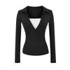 Camiseta de Manga Larga Negra Americana Falsa de Dos Piezas con Cuello en V en el Hombro Derecho para Mujer con Diseño de Otoño Ajustada Corta Sexy