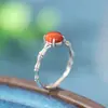 Anillo Plata Ritmo S925 Plata de Ley Ágata Roja del Sur Junta de Bambú para Mujer, Cabujón Pequeño, Anillo Ajustable Vintage Desgastado Estilo Chino Nuevo