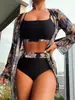 En stock 2027 nuevo traje de baño de tres piezas dividido con estampado de hoja de arce de manga larga para mujer, comercio exterior transfronterizo europeo y americano