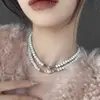 Colar Gargantilha Choker Retro Francês Transfronteiriço Europeu e Americano com Contas Pérola de Imitação Strass Quadrado Colar de Moda Joias para Mulheres