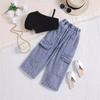 Ropa Infantil Transfronteriza Europea y Americana Conjunto de Dos Piezas para Niñas Verano Canalé Color Sólido Manga Corta Hombro Suéter Pantalones de Mezclilla Multibotón