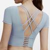 Ropa de Yoga Transfronteriza de Manga Corta para Mujer con Cinturón y Almohadilla en el Pecho Sexy Hueca Corta Deportiva Espalda de Belleza Secado Rápido Fitness Running Top