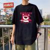 Camiseta de manga curta com gola redonda estilo cartoon de Hong Kong, de seda negra gelada, para casais, masculina e feminina, top casual moderno e versátil