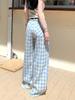 Pantalones de diseño veraniego, estilo informal, de estilo nicho, con cintura alta y pierna ancha, combinables con todo, estilo americano, ajustados, de cuadros azules para mujer.