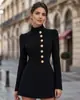 Vestido feminino da moda e elegante, estilo europeu e americano, corte justo, gola alta, de abotoamento simples, manga longa, vestido preto evasê, vestuário feminino de comércio exterior